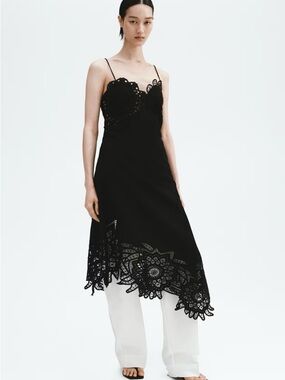 H&M Women Linen Blend Lace Detail Dress Black Midi A Line Open Back NWT (XL)